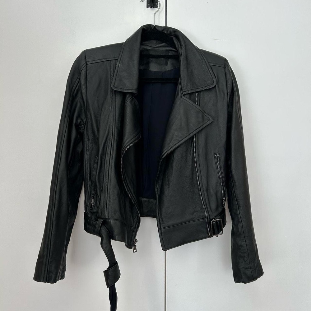 Reformation black leather biker jacket with adjustable waist and zipper